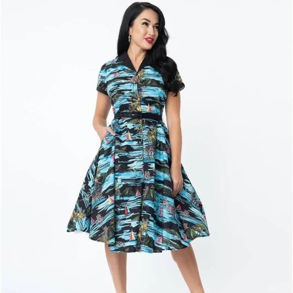 Unique Vintage Black and Blue Alexis Swing Dress Beach Palm Trees M